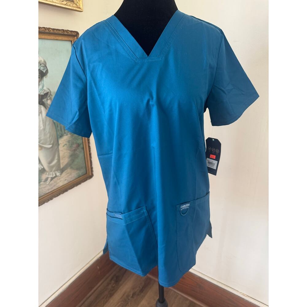 NWT Cherokee Workwear Revolution Scrub Top S Teal Stretch V Neck